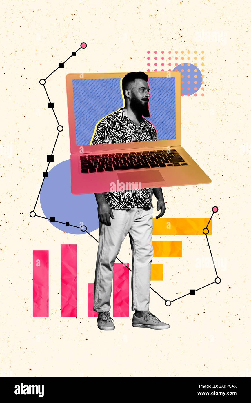 Vertikales Composite Collage-Bild Bild eines Mini-Guy-Laptop-Bildschirms auf kreativem Hintergrund Stockfoto