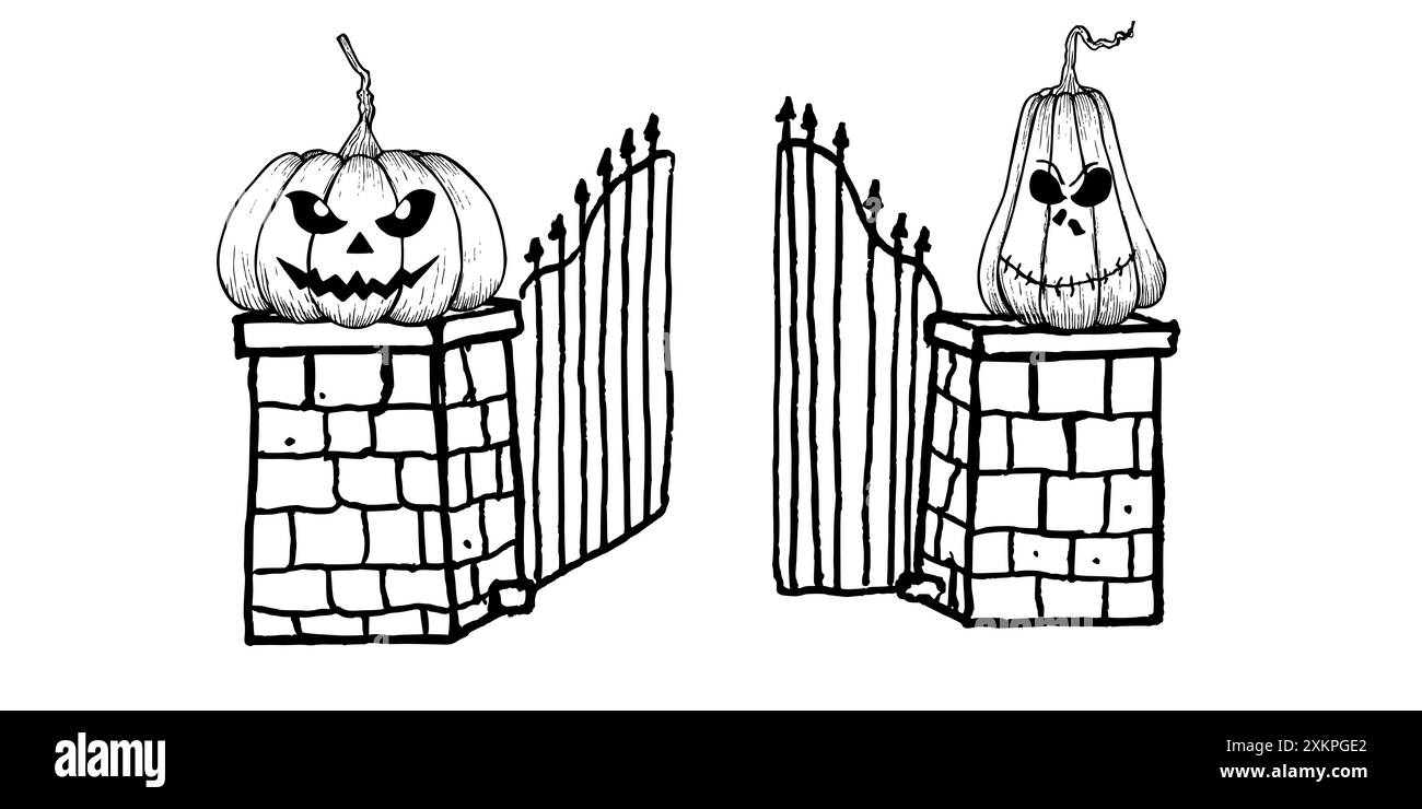 Vektor altes verlassenes Friedhofstor mit halloween gruseligen Kürbissen mit schwarzen Augen. Handgemalte Linearzaun-Illustration. Grabstein in Schwarzweiß-Grafik Stock Vektor