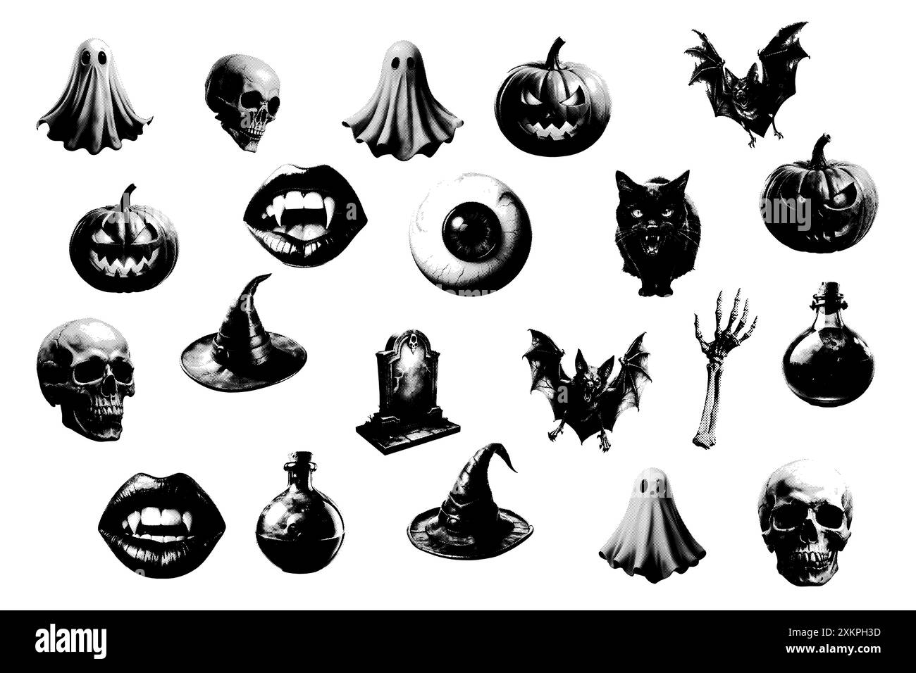 Halbtonelemente für eine Halloween-Collage. Großer Satz isolierter Elemente auf weißem Hintergrund. Vektor Stock Vektor