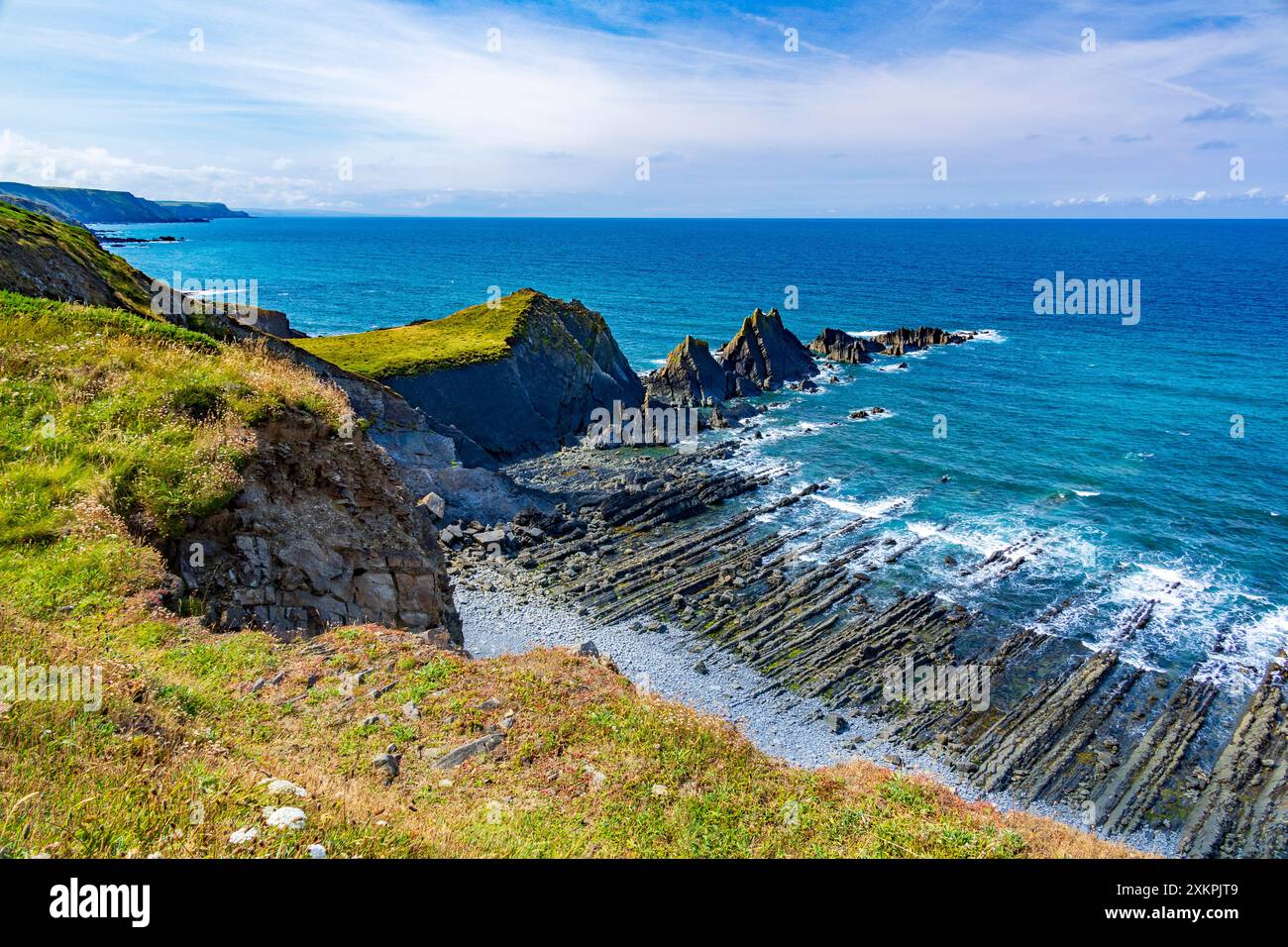Zerklüftete Felslinien an einem Strand mit schwierigem Zugang in der Nähe des Hartland Quay am SW Coast Path, Devon, England, Großbritannien Stockfoto