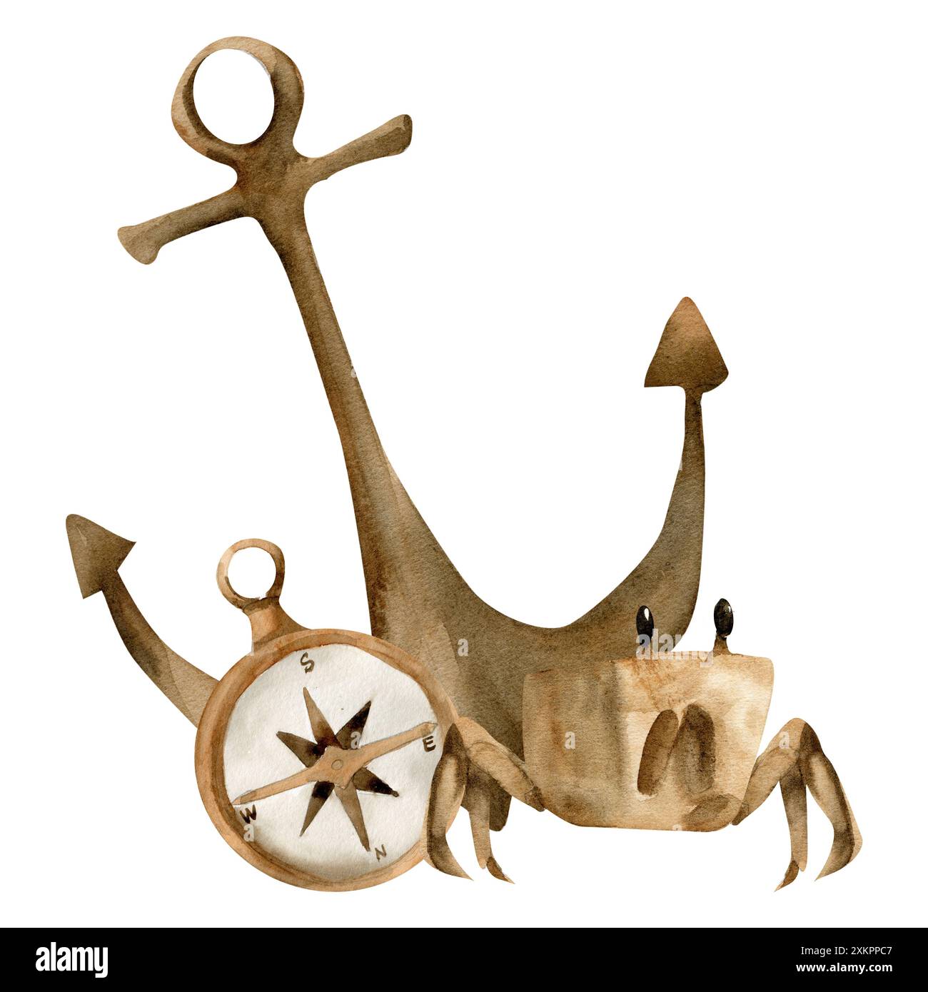 Wasserfarben-Komposition mit Stahlanker, Vintage-Kompass und Krabbenillustration. Marine Clip Art mit Meeresbewohnern und Navigationselementen in Stockfoto