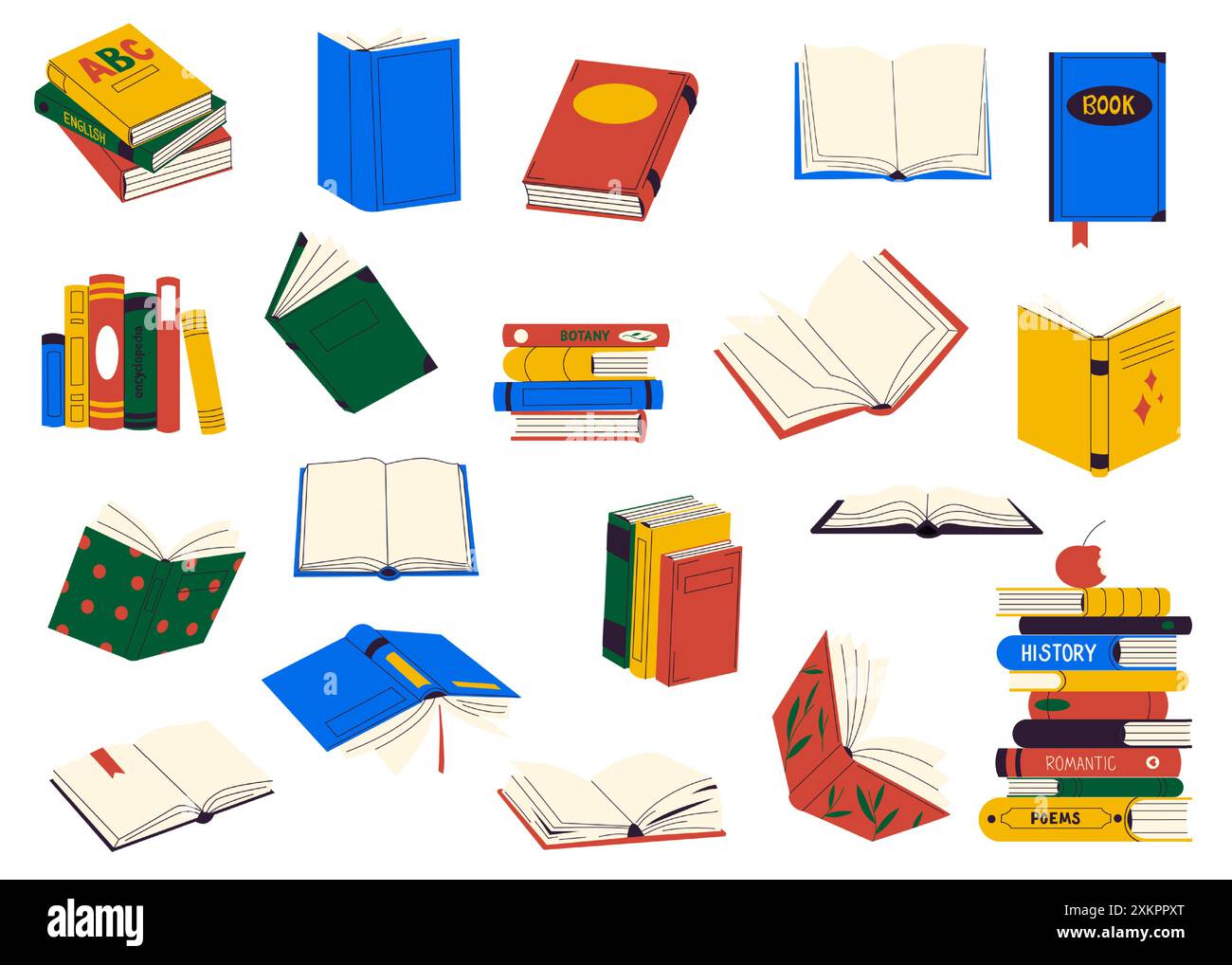 Bücherstapel zum Lesen, Stapel von Lehrbüchern für den Unterricht. Literatur, Wörterbücher und Enzyklopädien, Planer mit Lesezeichen. Farbvektor Stock Vektor