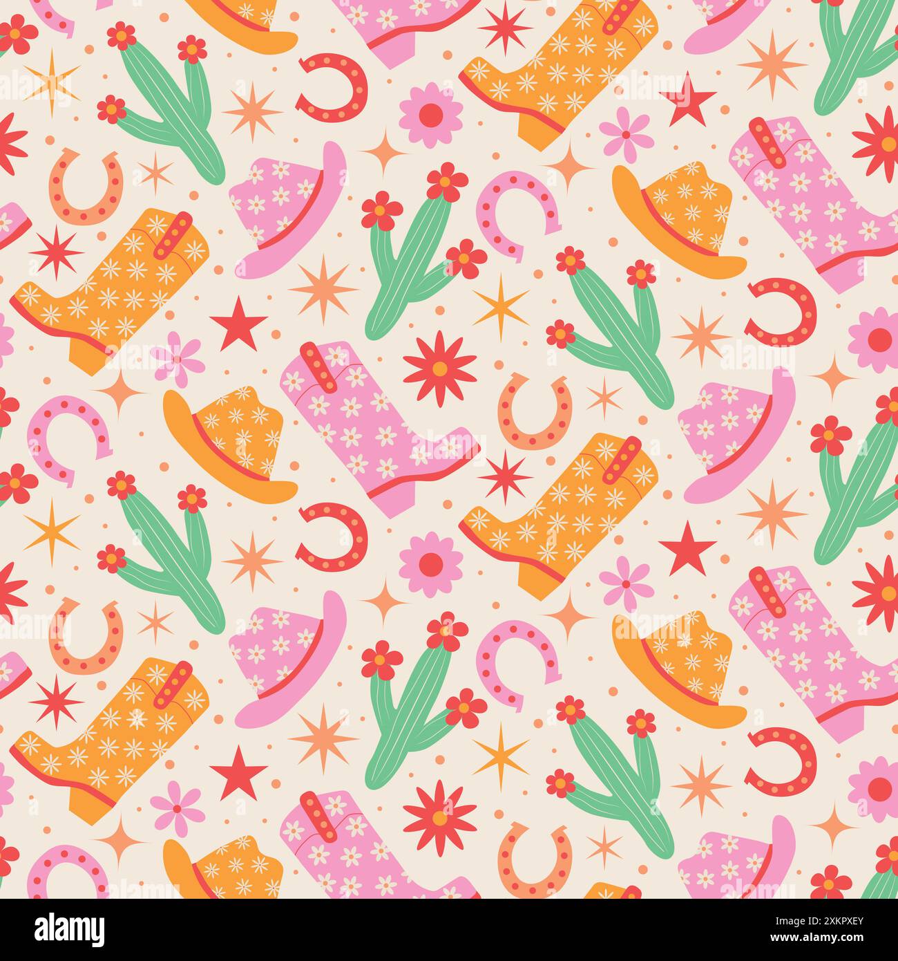 Groovige Cowgirl Stiefel, Hüte, Kakteen und Hufeisen nahtlose Muster in Pink, Rot und Orange mit Retro Blumen und Sternen. Für Gewebe, Textilien, Wrappin Stock Vektor