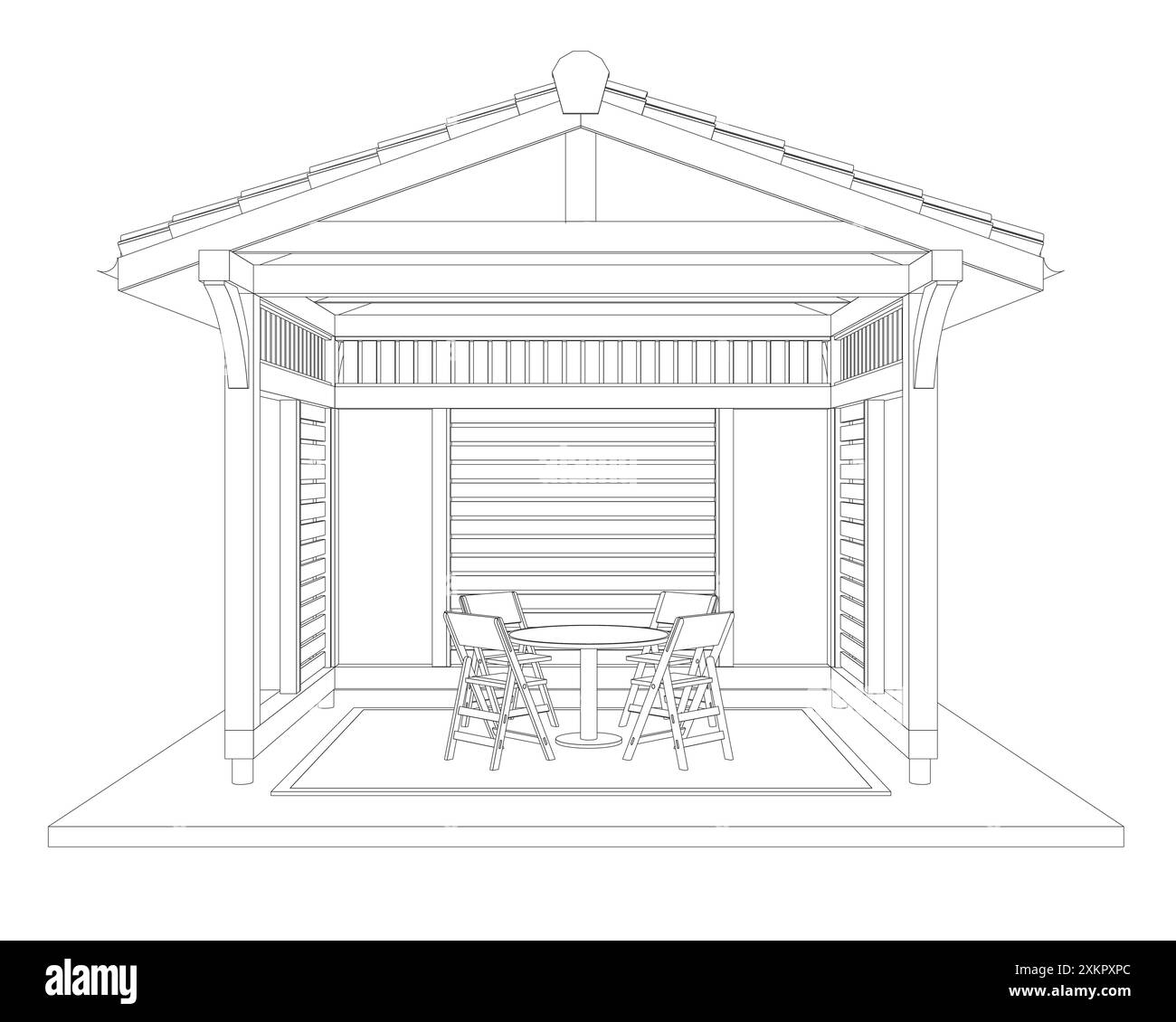 Umriss des Pavillons. Lineare Silhouette mit schwarzer Kontur. Kontur eines Sommerhauses mit Bänken, Tisch und Dach. Vektorabbildung. 3D. Stock Vektor