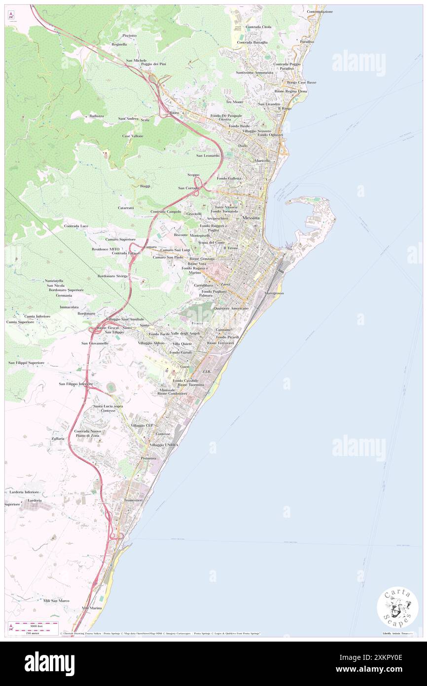 Villa Dante, Messina, IT, Italien, Sizilien, n 38 10' 27'', N 15 32' 42'', Karte, Cartascapes Map, veröffentlicht 2024. Erkunden Sie Cartascapes, eine Karte, die die vielfältigen Landschaften, Kulturen und Ökosysteme der Erde enthüllt. Reisen Sie durch Zeit und Raum und entdecken Sie die Verflechtungen der Vergangenheit, Gegenwart und Zukunft unseres Planeten. Stockfoto