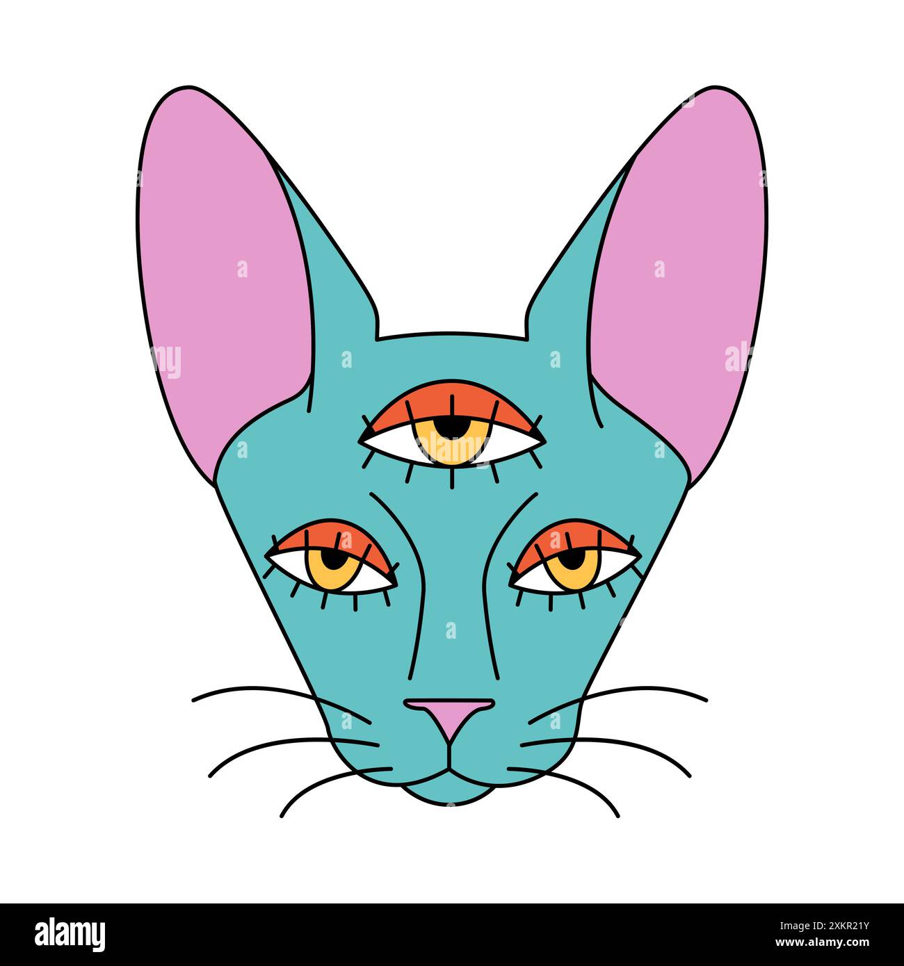 Grooviger lustiger Kopf einer blauen psychedelischen Katze mit drei Augen Vektor-Illustration Stock Vektor