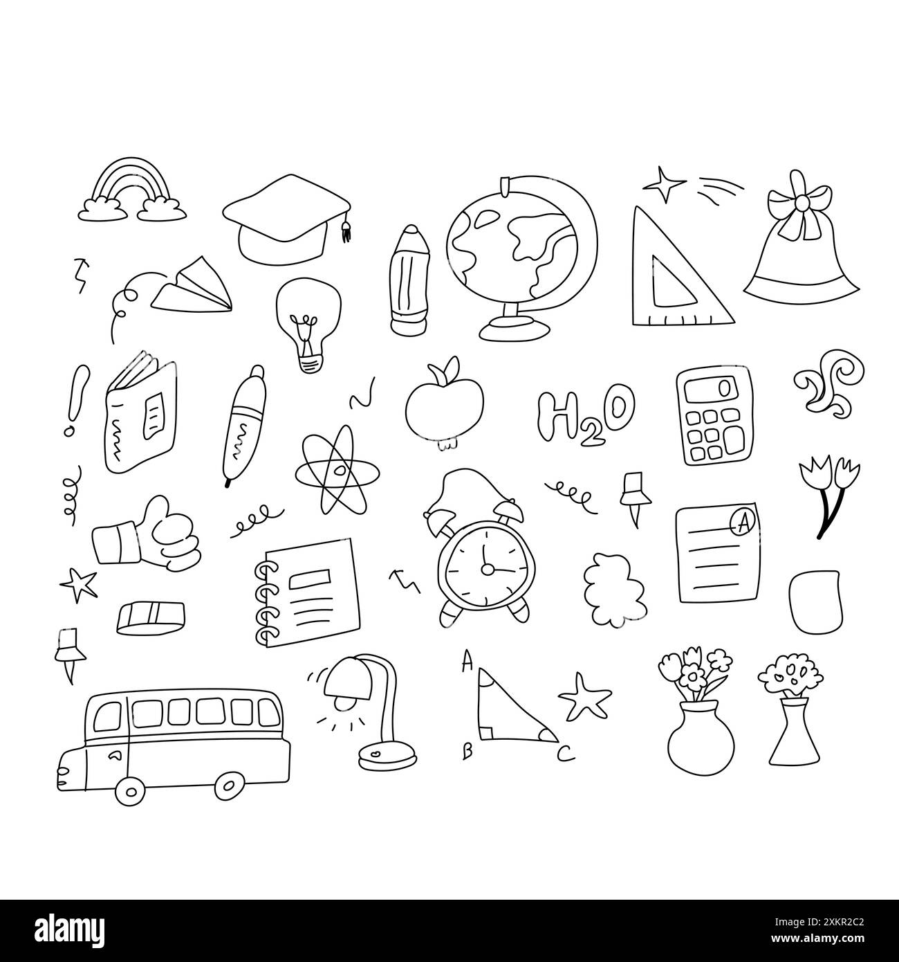 Set mit Kritzelelementen für Kinder. Schreibwaren für den Bildungsbereich, Schulgebäude, Globus, Bücher und andere Symbole für das Zubehör für Schüler. Stock Vektor
