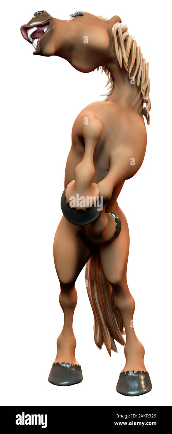 3D-Darstellung eines auf weißem Hintergrund isolierten braunen Cartoonpferdes Stockfoto