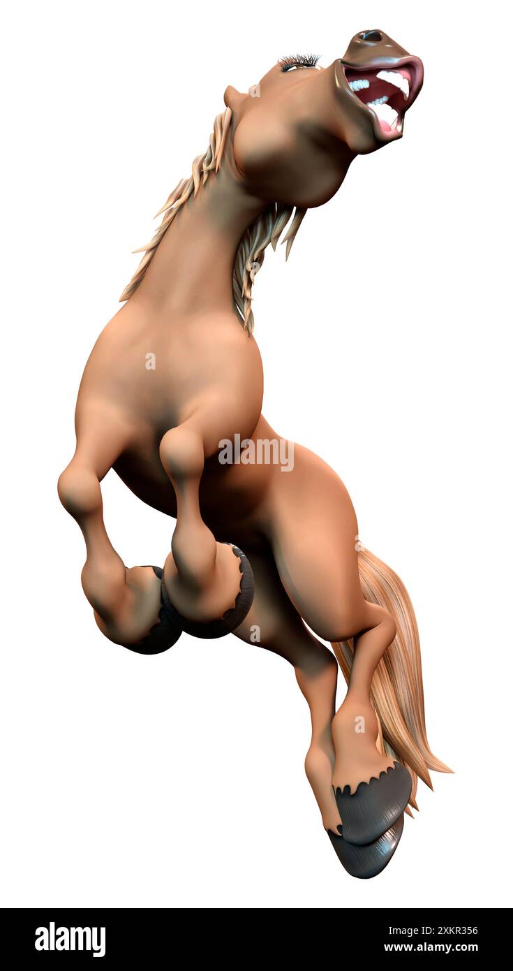 3D-Darstellung eines auf weißem Hintergrund isolierten braunen Cartoonpferdes Stockfoto