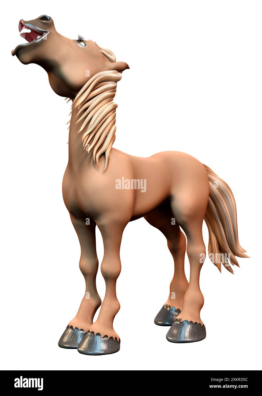 3D-Darstellung eines auf weißem Hintergrund isolierten braunen Cartoonpferdes Stockfoto