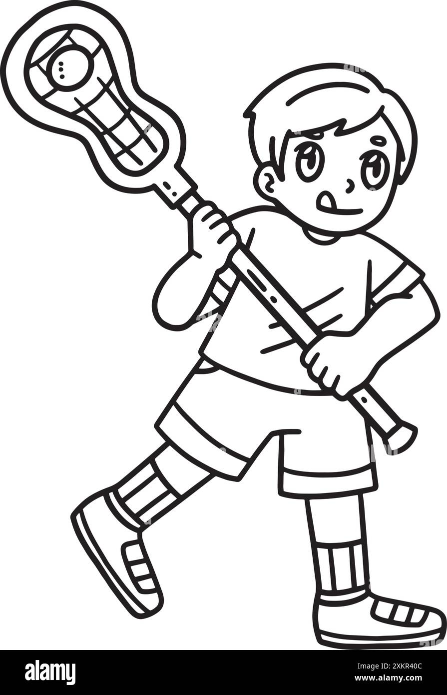 Junge Spielt Lacrosse Isolated Coloring Page Stock Vektor