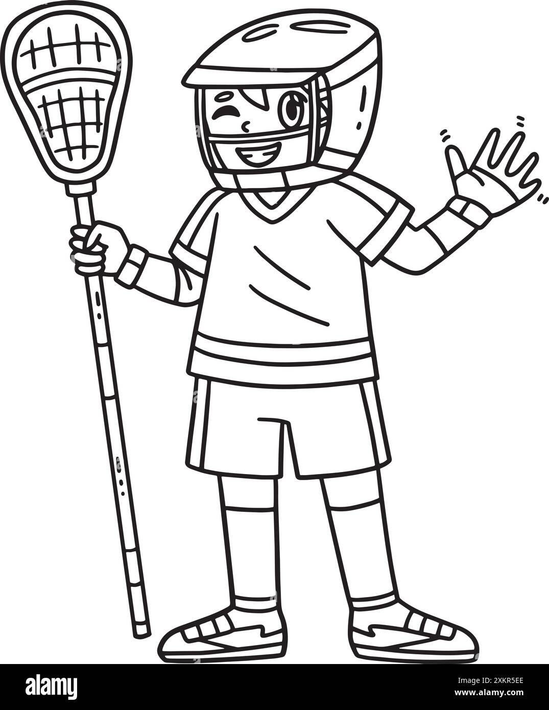 Lacrosse Player Waving Isolierte Malseite Stock Vektor