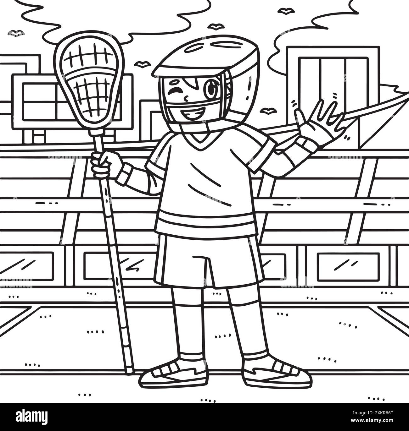 Lacrosse Player Waving Malseite für Kinder Stock Vektor