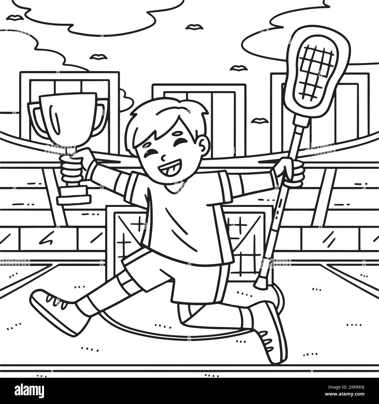 Lacrosse Spieler springt in der Siegesmalseite Stock Vektor