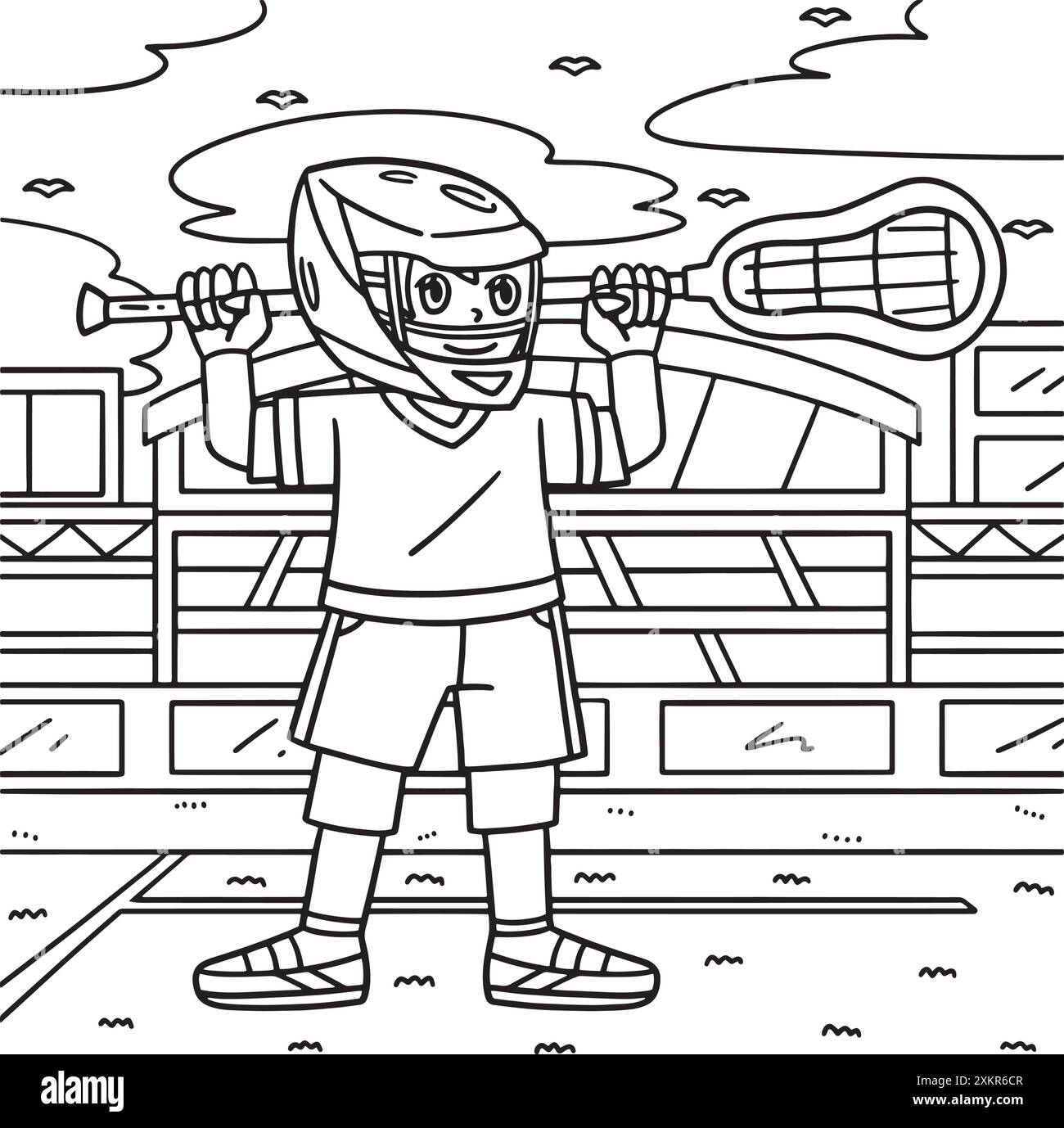 Lacrosse Player mit Stick Ausmalseite für Kinder Stock Vektor