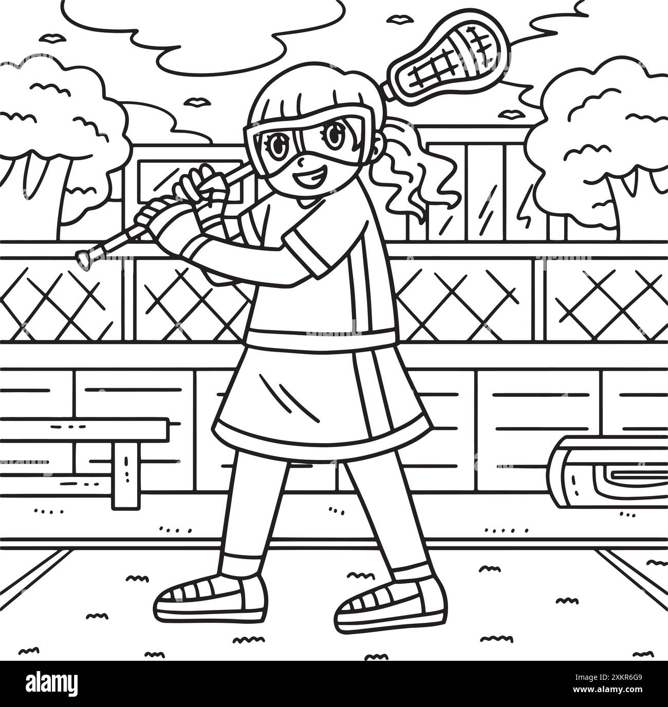 Weibliche Lacrosse-Spieler-Malseite für Kinder Stock Vektor
