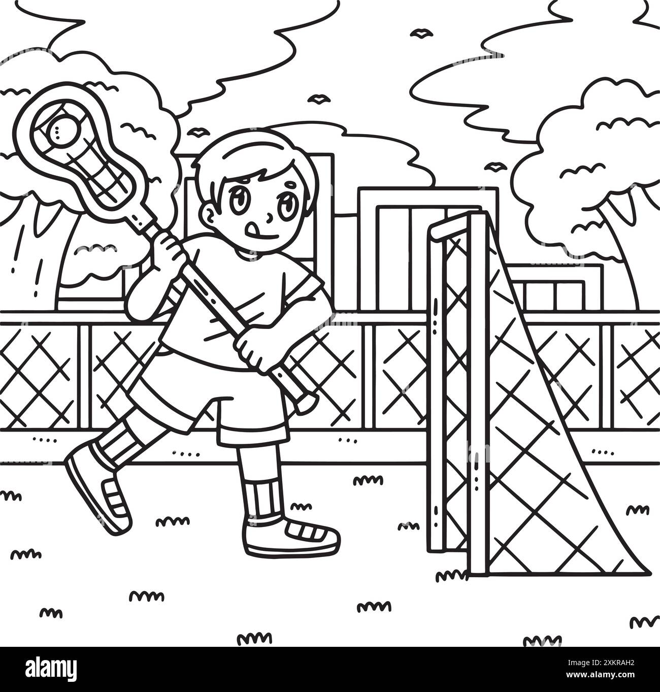 Junge, der Lacrosse Malseite für Kinder spielt Stock Vektor