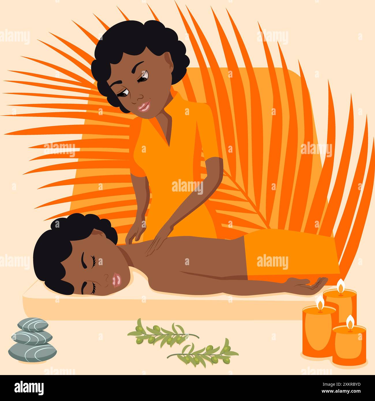 Traditionelle Wellness-Rücken- und Nackenmassage mit professionellen Massagetherapien im Spa. Afrikanische Staatsangehörigkeit. Abbildung isolierter flacher Vektor. Stock Vektor
