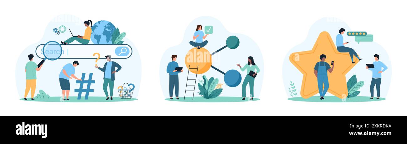 Kundenüberprüfung, Optimierungssatz für die Datensuche. Winzige Leute arbeiten mit Hub-Netzwerkverbindung in der Struktur des Moleküls, verwenden Browserleiste mit Lupe, bewerten Erfahrung Comic Vektor Illustration Stock Vektor