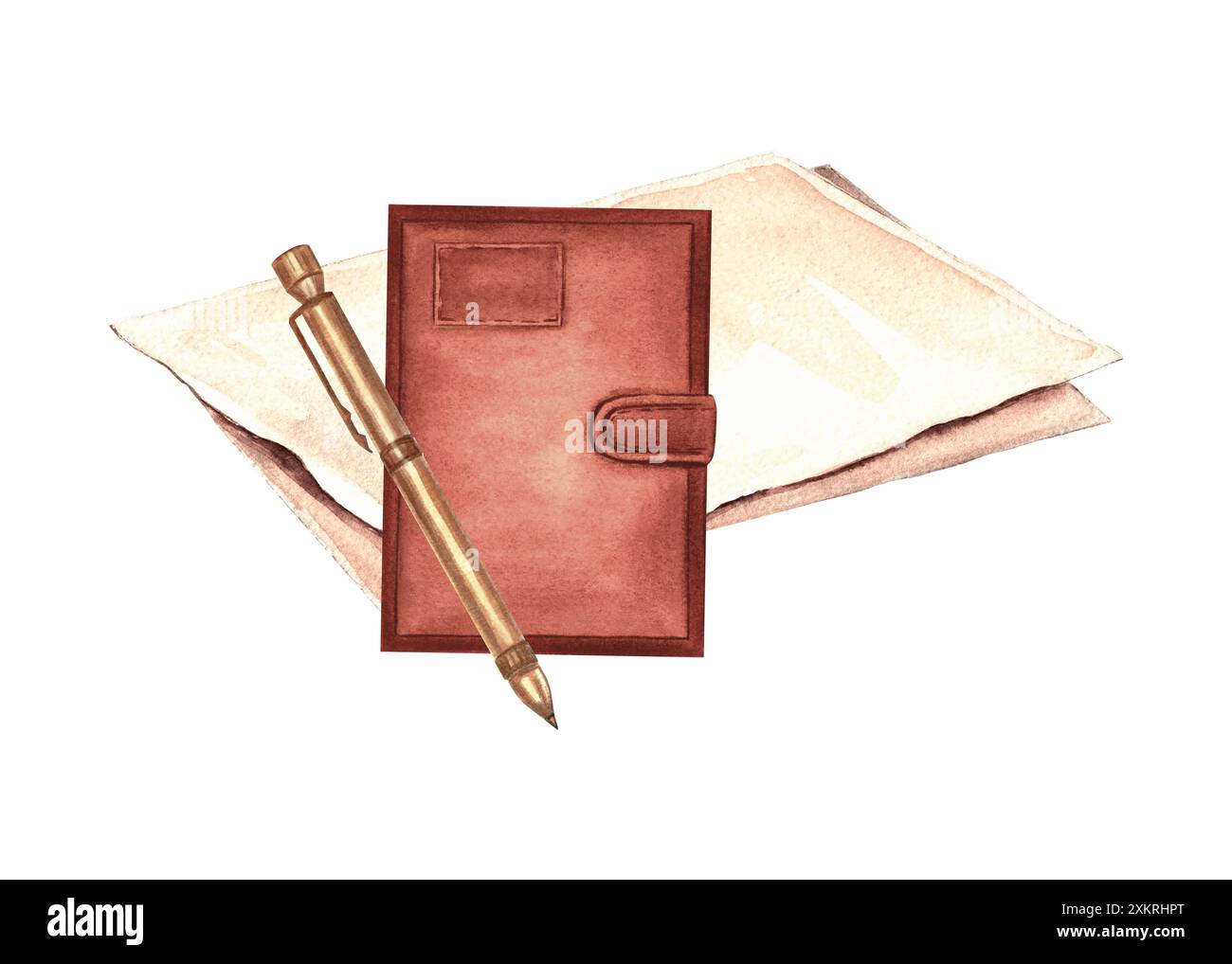 Notizbuch mit Papier und Stift. Handgezeichnete Aquarellillustration isoliert. Tagebücher und Schreibzubehör. Wissen für alle. Pass oder Stockfoto