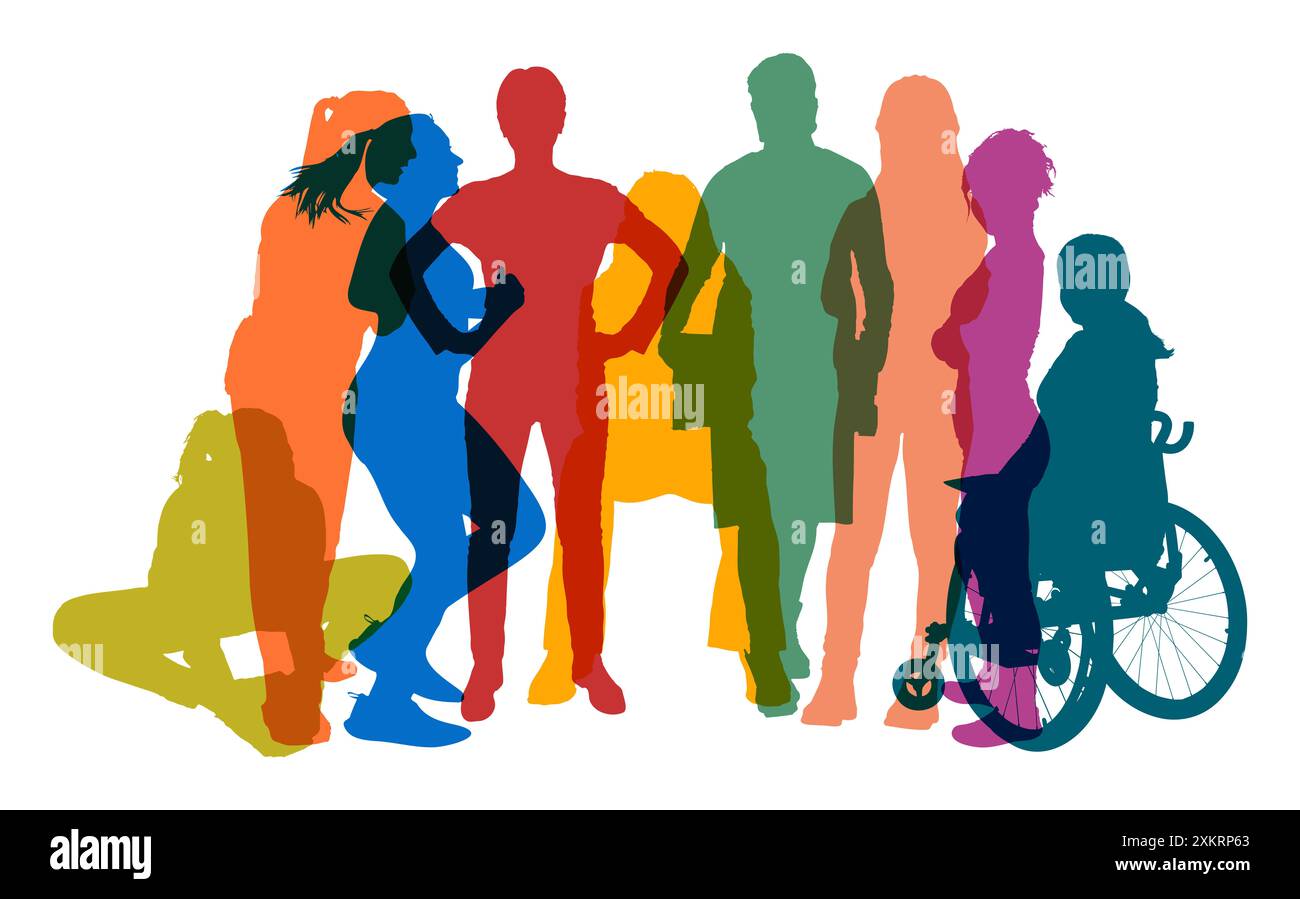 Bunte Silhouetten von Frauen in Arbeit und Freizeit als soziales Konzept Stockfoto