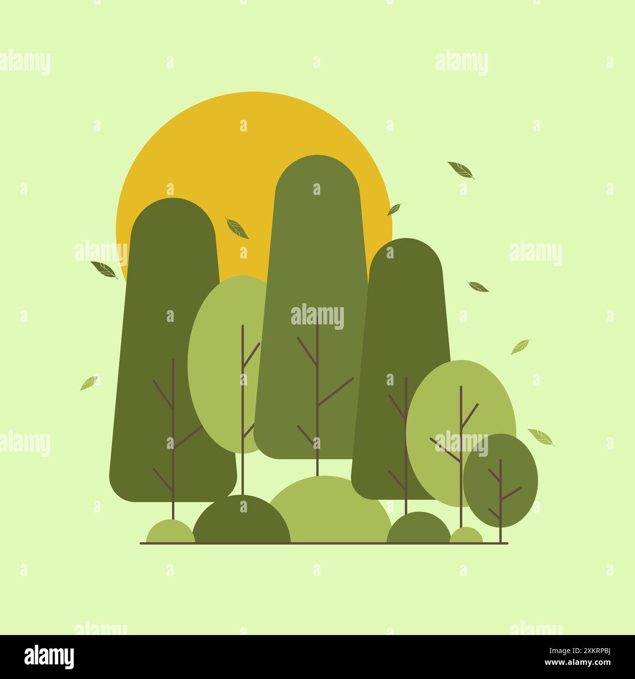 Frühlingslandschaft schlichter, flacher Cartoon-Stil. Grüner Gartenstrauch von Vegetation. Zum Dekorieren von Landschaften parken Stock Vektor
