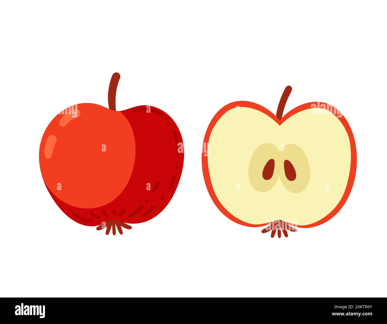 Frischer roter Apfel, im Ganzen dargestellt und in Scheiben geschnitten, um saftiges Fleisch und Samen zu enthüllen. Hervorragend geeignet für Lehrmaterialien zu Obst, gesunder Lebensstil und Rec Stock Vektor