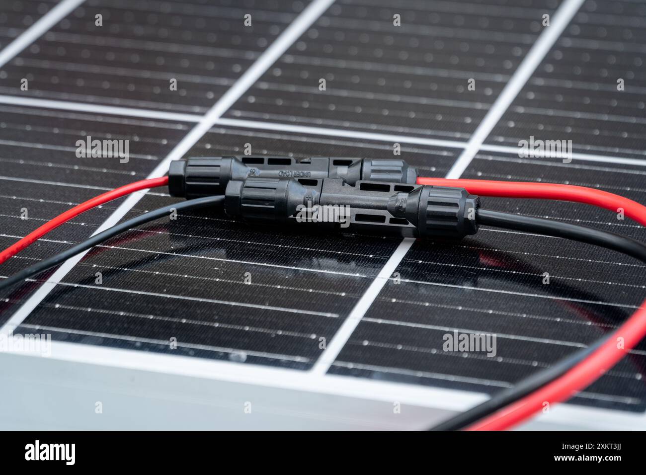 Nahaufnahme der mc4-Anschlüsse über dem Solarpanel. Erneuerbare Energien und Nachhaltigkeitskonzept Stockfoto