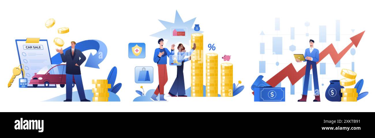 Konzept der finanziellen Kompetenz. Unternehmensinvestitionen, Einkommenswachstum, persönliches Finanzmanagement oder Kapitalkontrolle. Analyse, Budgetplanung, Gewinnberechnung. Menschen sparen Geld, verwalten Ausgaben. Stock Vektor