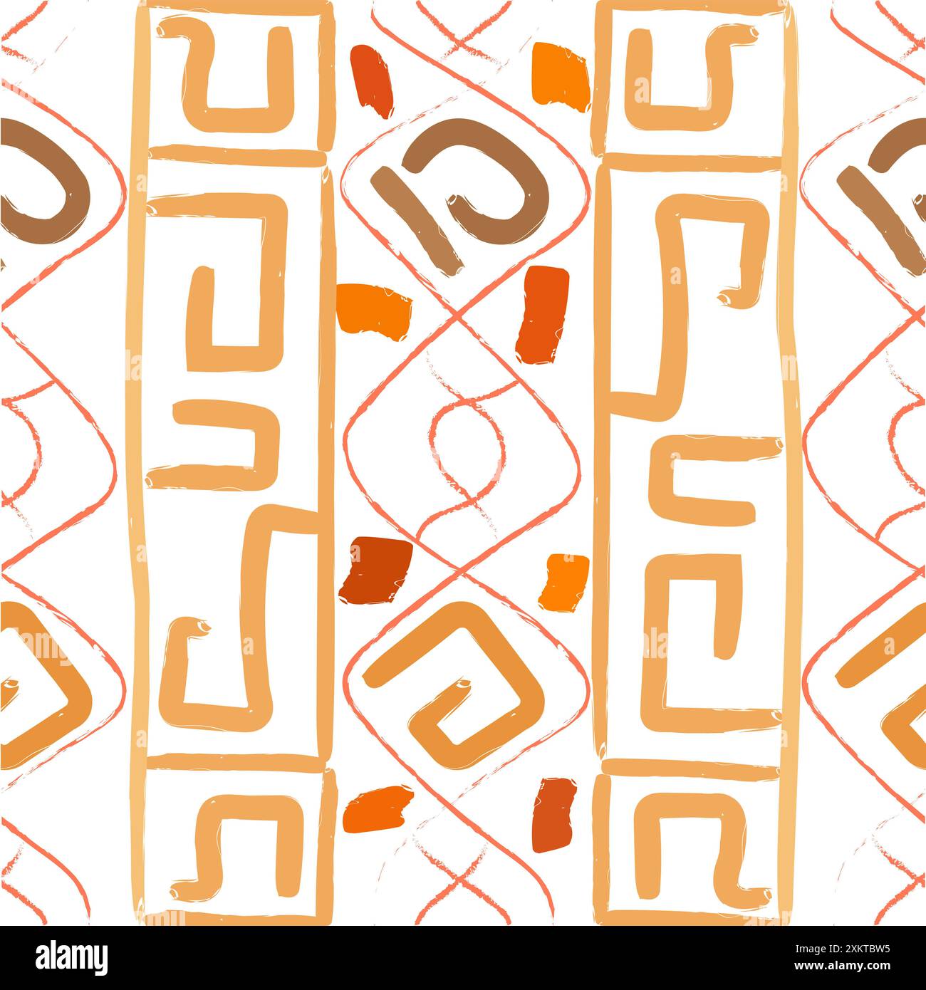 Dieses Bild zeigt ein auffälliges und abstraktes Muster, das aus geometrischen Formen in warmen Erdtönen besteht. Das Design zeigt eine Vielzahl von Rechtecken und Stockfoto