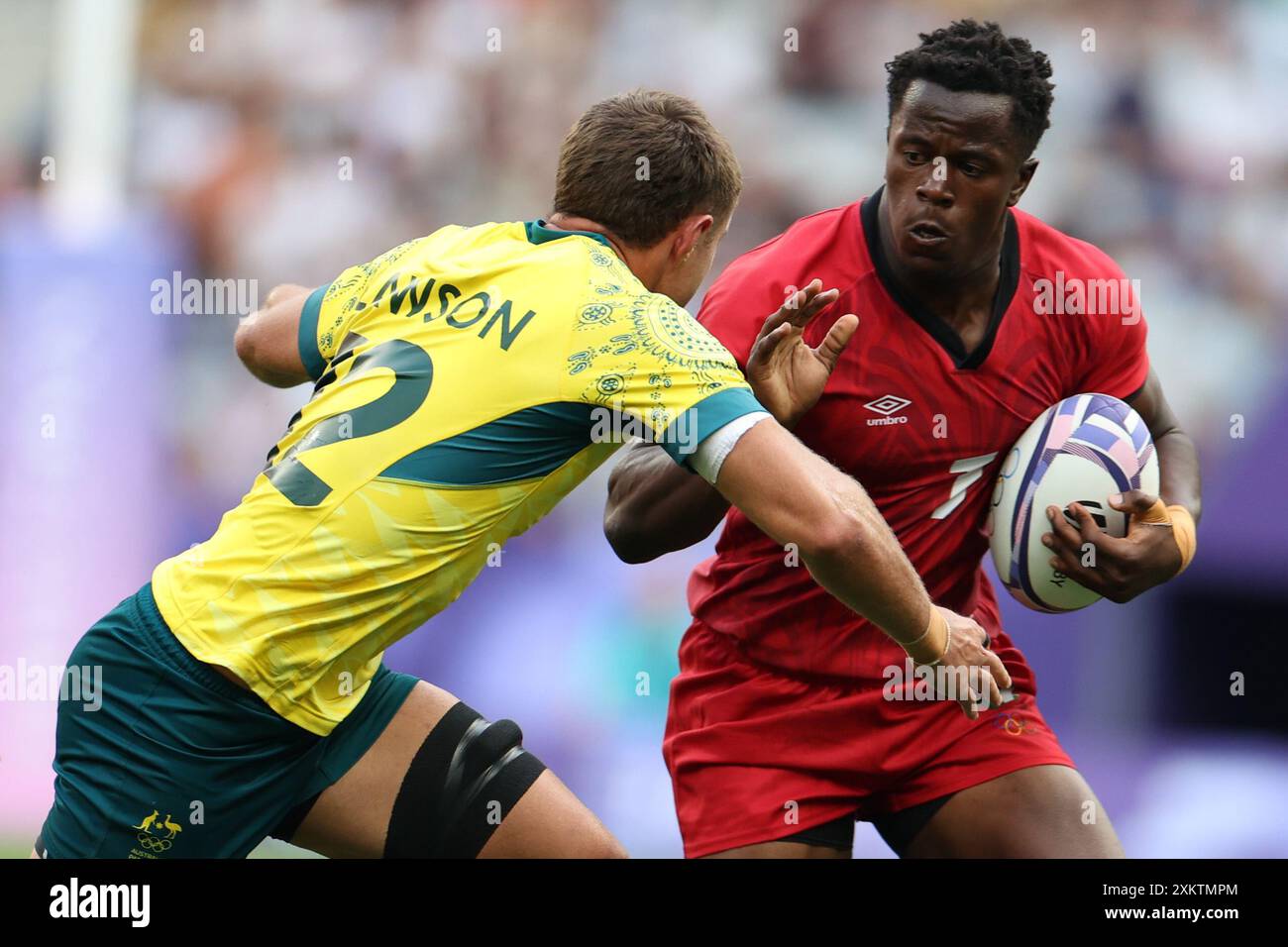 Julien Mattia/Le Pictorium - Rugby 7s - Paris 2024 - Australien, Kenia. Juli 2024. France/seine Saint Denis/Paris - Herrenpool B/Rugby Seven: Australia vs. Kenya bei den Olympischen Sommerspielen 2024 in Paris, Stade de France, Saint Denis, Frankreich, 24. Juli, 2024. Vermerk: LE PICTORIUM/Alamy Live News Stockfoto