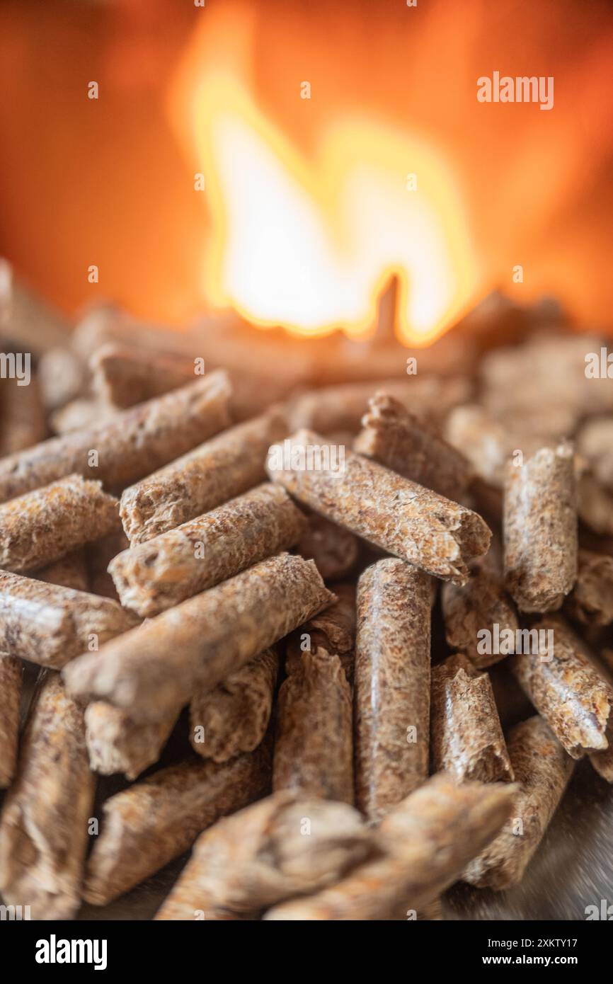 Holzsägespäne für Holzöfen, ökologischer Biokraftstoff mit Ofen im Hintergrund. Selektiver Fokus Stockfoto