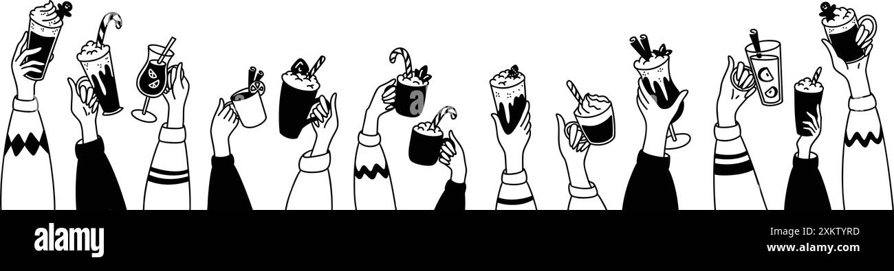 Weihnachtsmarkt heiße Getränke. Kritzele niedliche Hände hoch. Hässliche Pullover Party. Warme Wintergetränke. Glühwein, Kürbis-Gewürzlatte, Schokoladentasse, Marshmall Stock Vektor