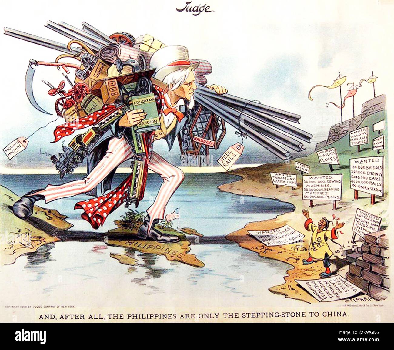 Handel mit china. Der Cartoon im amerikanischen Satiremagazin Judge am 21. März 1900 zeigt, wie Uncle Sam die Philippinen als Sprungbrett für den Handel mit China nutzt Stockfoto