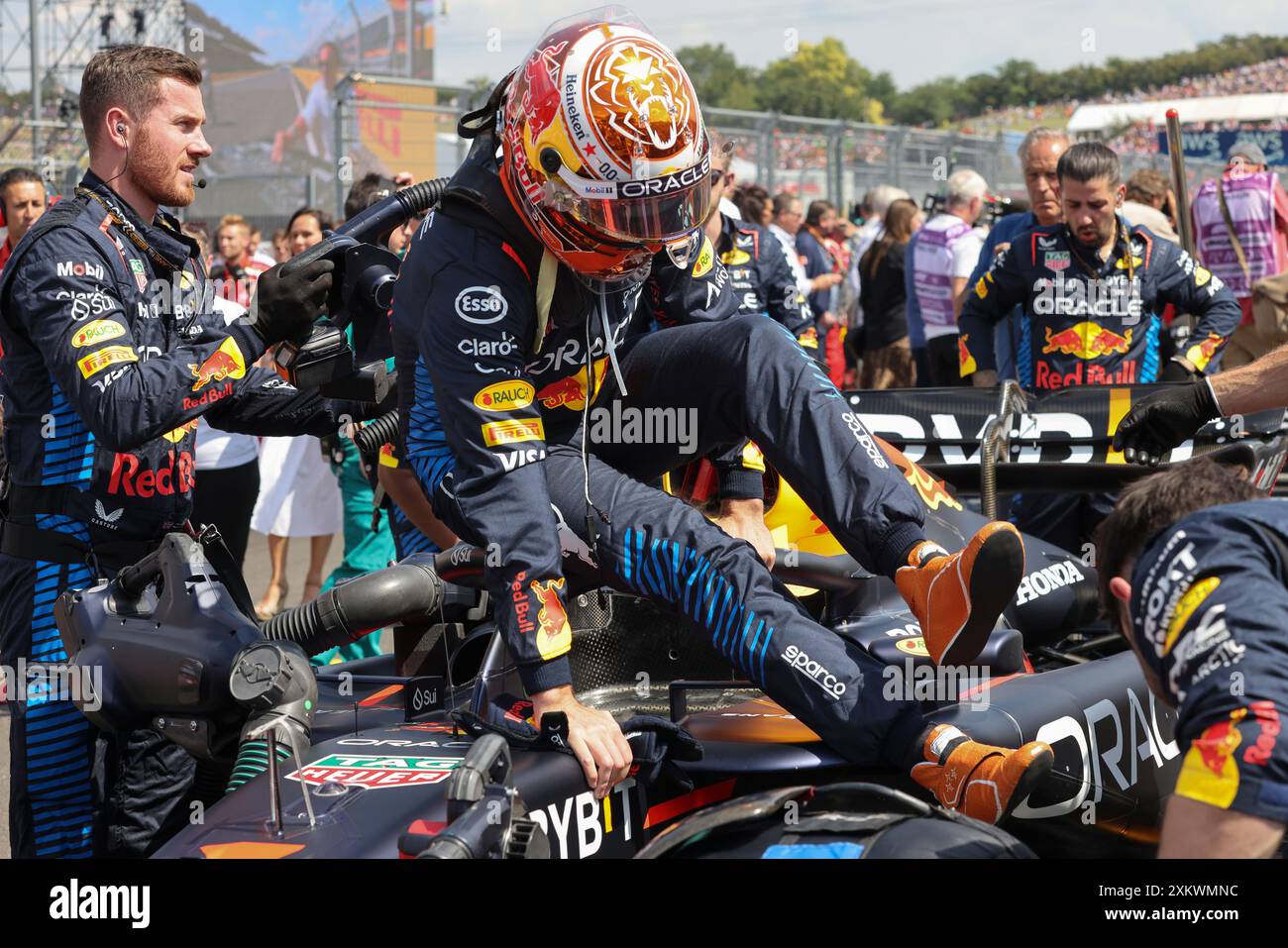 Mogyorod, Ungarn. Juli 2024. Formel 1 großer Preis von Ungarn in Hungaroring, Ungarn. Im Bild: Max Verstappen (NLD) von Oracle Red Bull Racing in der Startaufstellung, die im Auto vor dem Start des Rennens stattfindet © Piotr Zajac/Alamy Live News Stockfoto