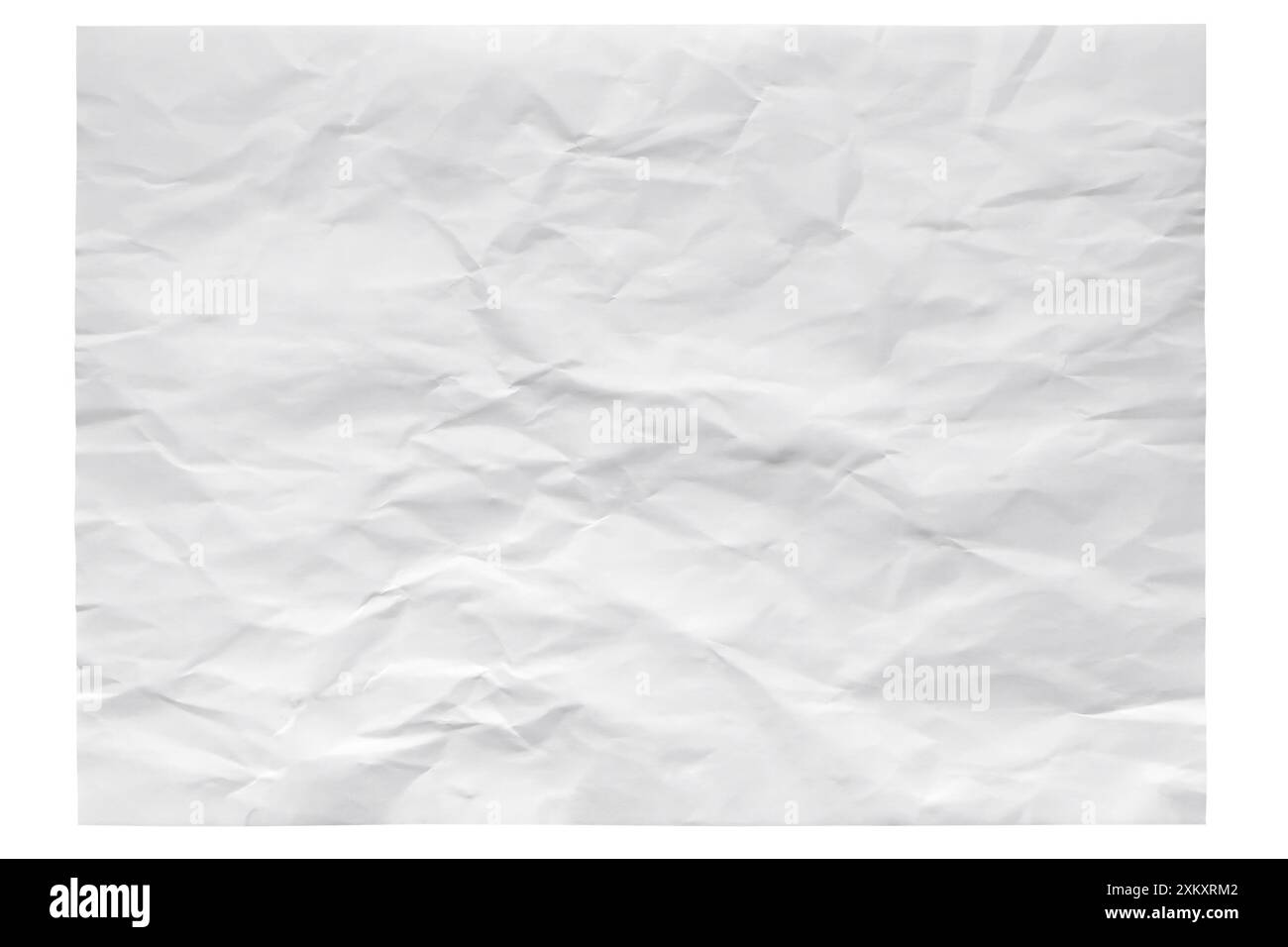 Weiße zerknitterte Papierstruktur isoliert auf weißem Hintergrund. Das Papier hat eine weiche, strukturierte Oberfläche mit sichtbaren Falten und Falten. Stockfoto