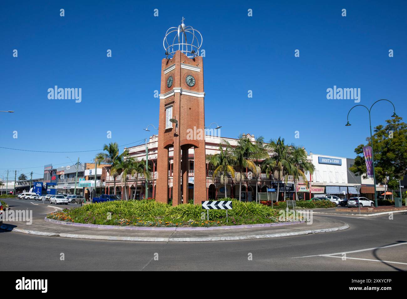 Stadtzentrum von Grafton, der Uhrturm-Kreisverkehr an der Prince Street in Grafton, Northern Rivers Region in New South Wales, Australien Stockfoto