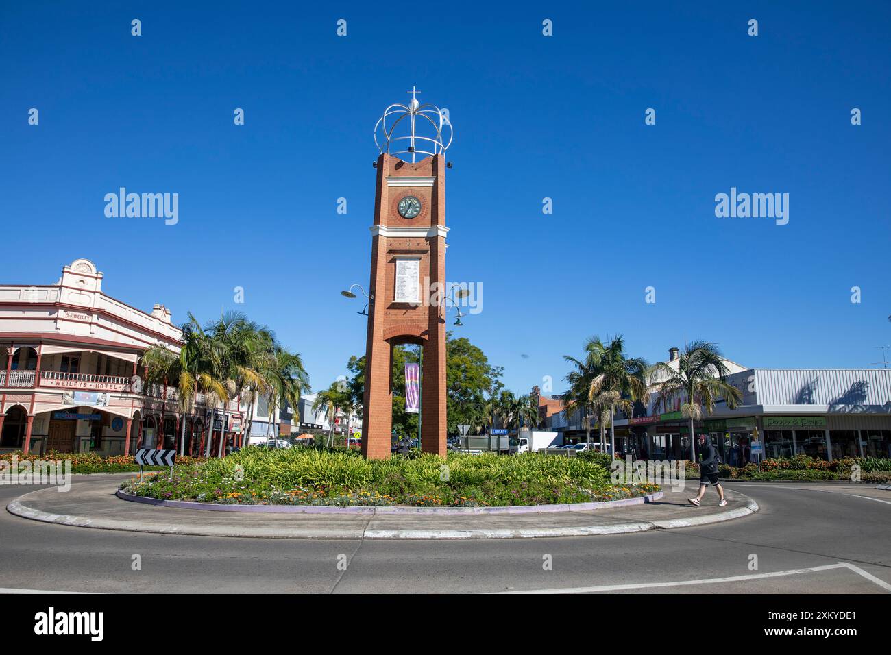 Stadtzentrum von Grafton, der Uhrturm-Kreisverkehr an der Prince Street in Grafton, Northern Rivers Region in New South Wales, Australien Stockfoto