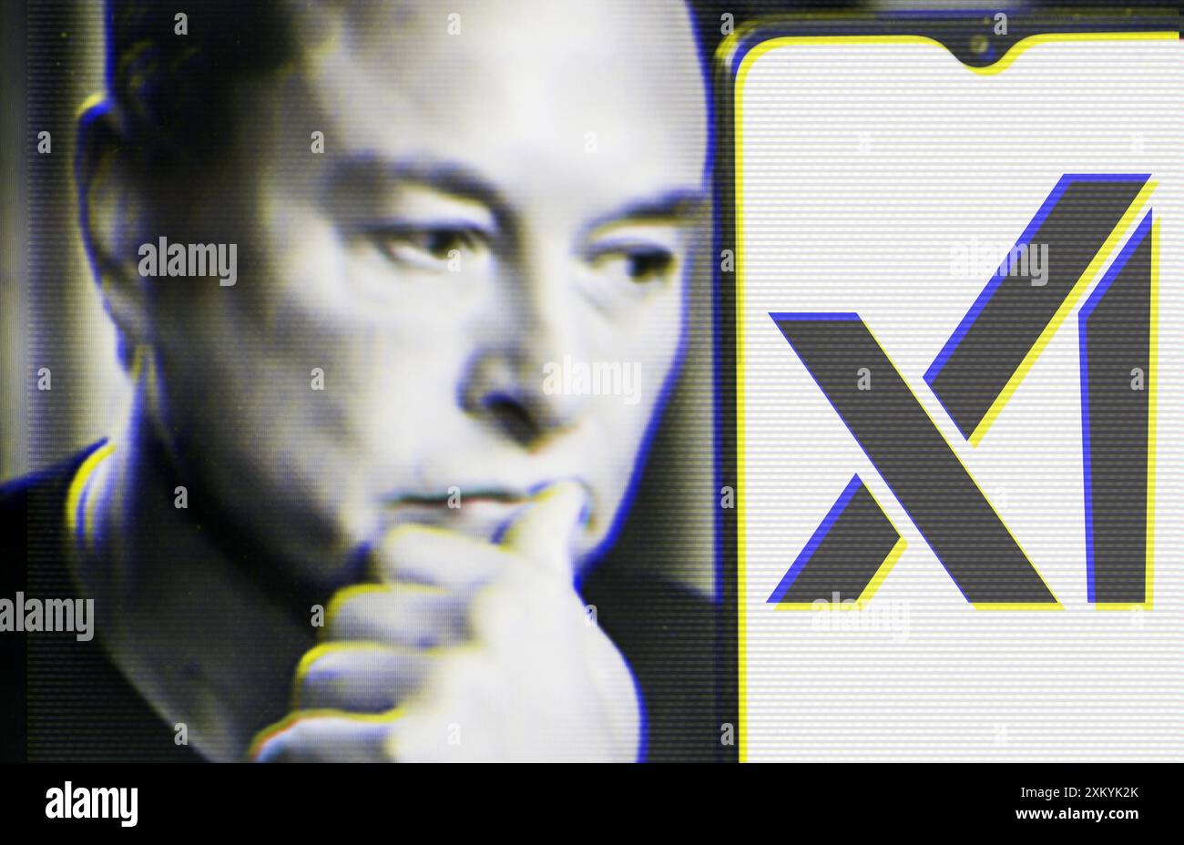 Juli 2024. Ukraine. Poltava. In dieser Fotoabbildung sind ein Porträt von Elon Musk und das XAI-Logo auf einem mobilen Gerät zu sehen. Stockfoto