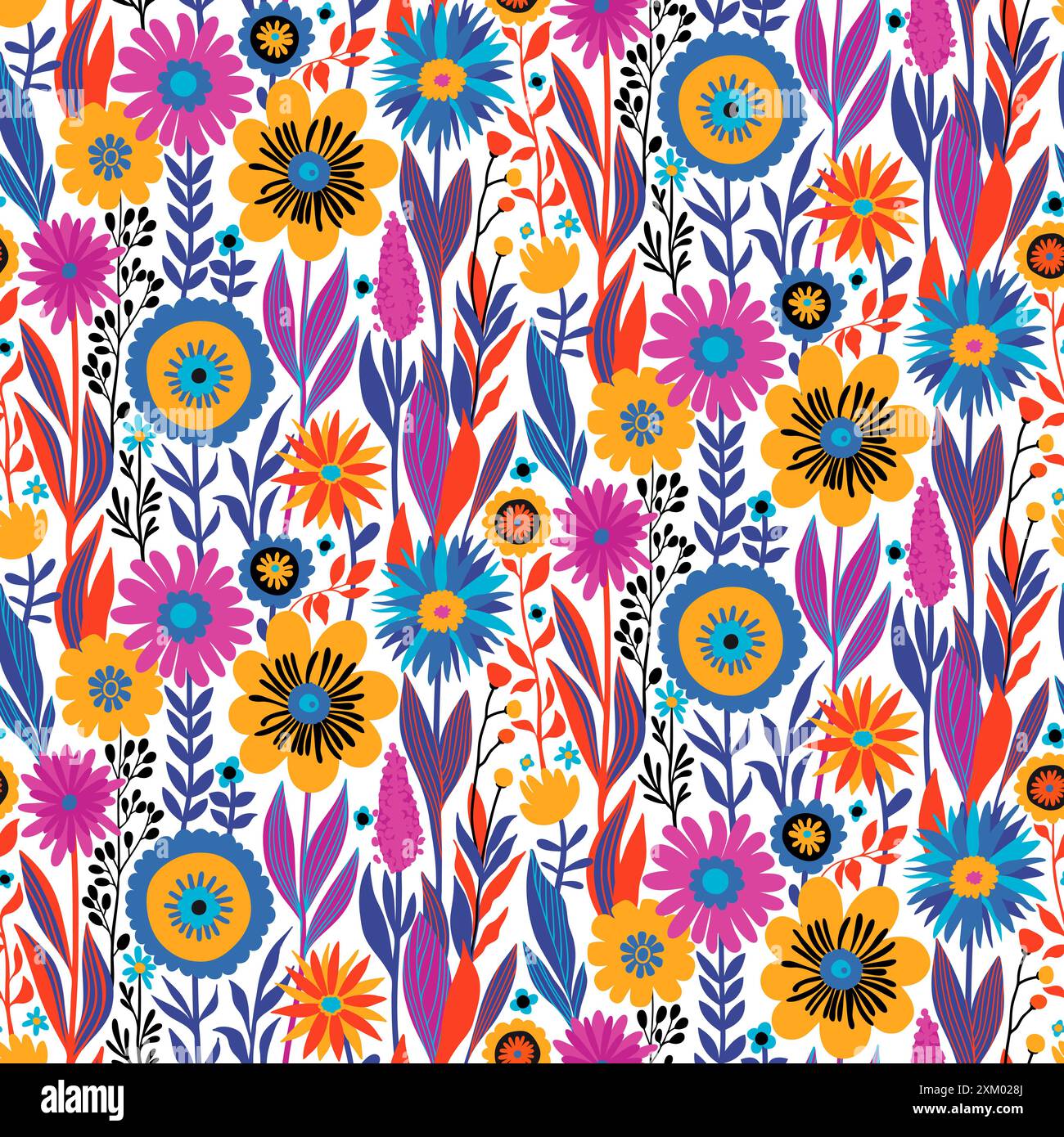 Nahtloses Muster der Fantasy-Blumen in hellem Gelb, Orange, Lila, Blau, Pink, schwarz auf weiß. Tapetendesign für Textilien, Papiere, Drucke, Mode, Verpackungen. Stock Vektor