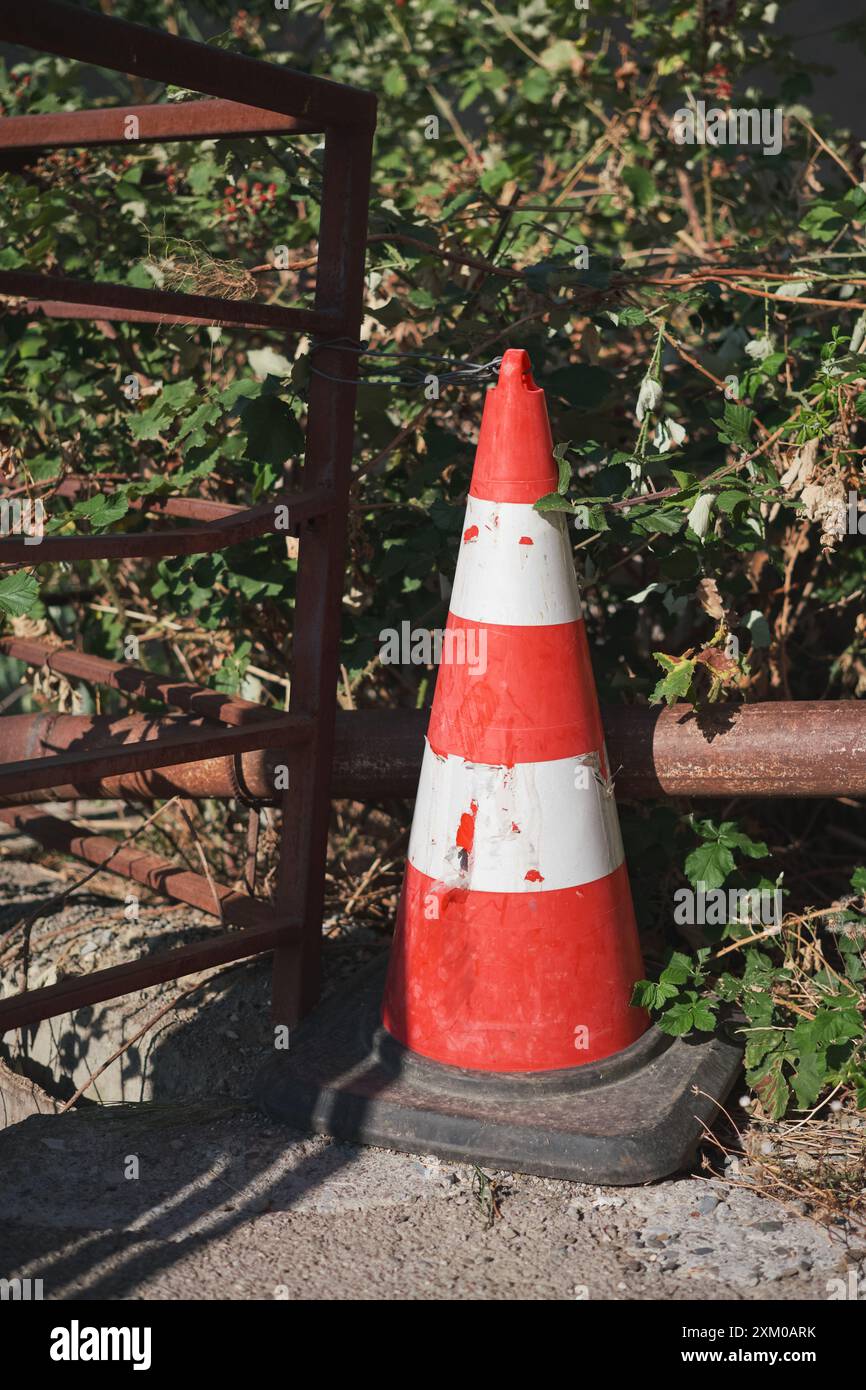 Vertikales Poster mit Verkehrskegeln an der Ecke einer Landstraße, vergessenen Dingen und verstreuten Naturparks Stockfoto