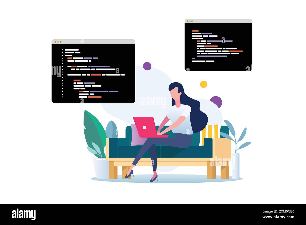 Freelancer schreibt Code auf Laptop. Softwareentwickler arbeiten zu Hause. Vektorabbildung Stock Vektor
