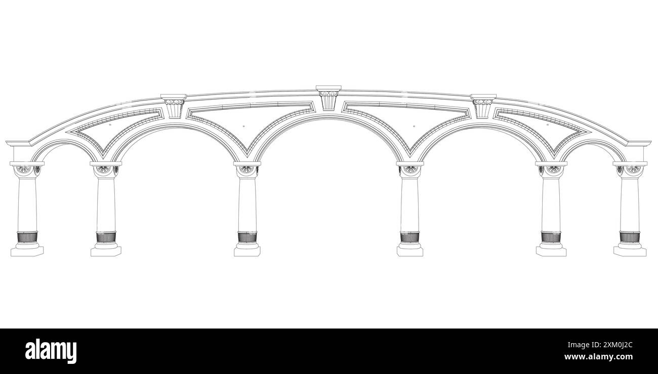 Konturfärbung des klassischen Bogens. Klassisches antikes Portal mit Säulen in Vektorgrafiken. Säulenbogen Säulenrahmen römisch-griechische antike Strichkunst. Stock Vektor