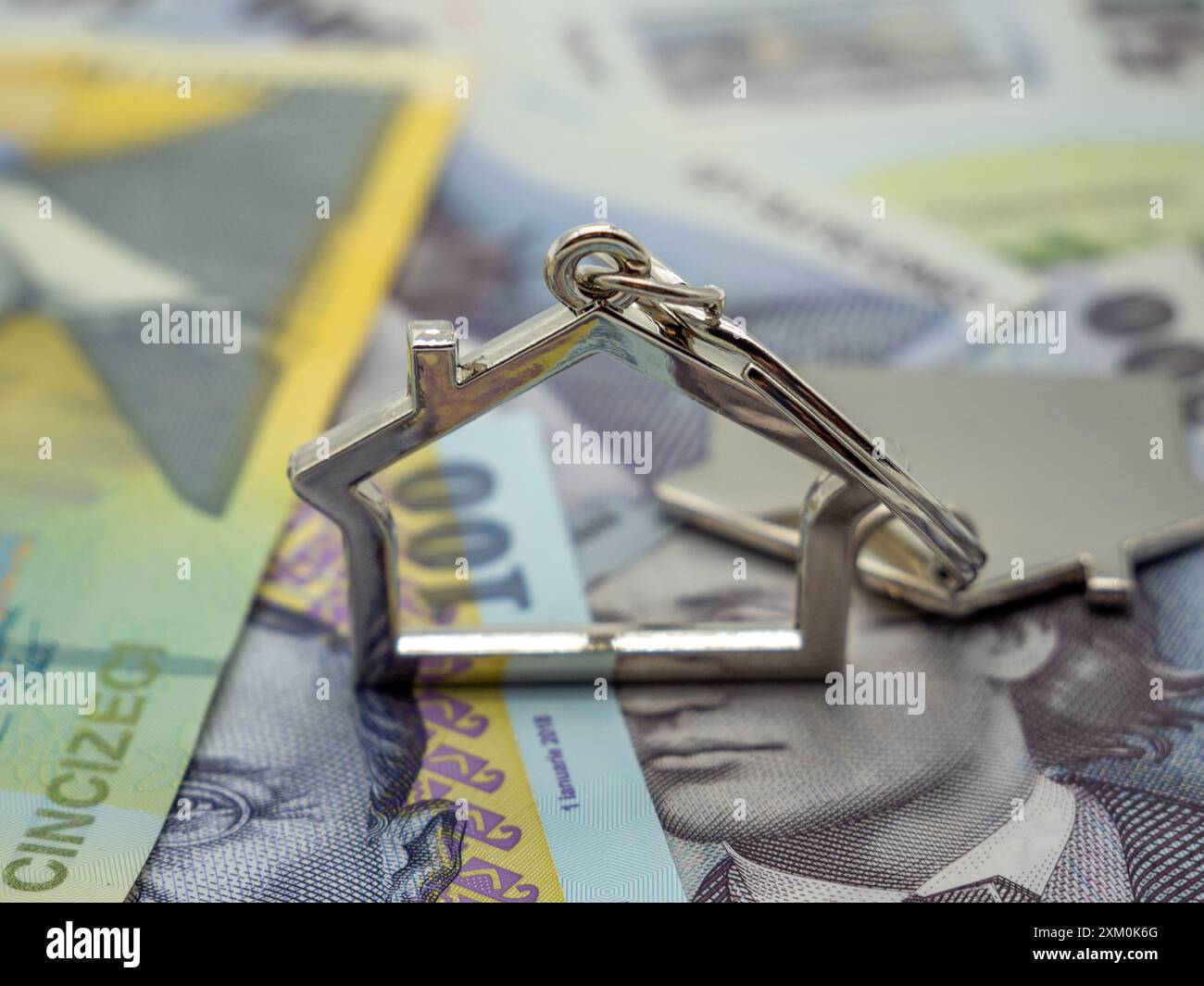 Schlüsselanhänger und Schlüssel auf rumänischer lei-Währung. Das Konzept der Hausrenatale, des Kaufs, der Versicherung Stockfoto