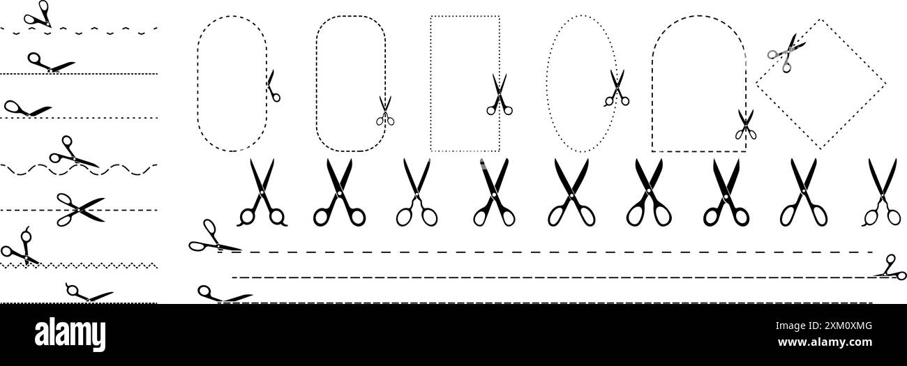 Schneiden Sie Linien und geometrische Formen mit einer Schere. Vektorentwurzelemente. Stock Vektor