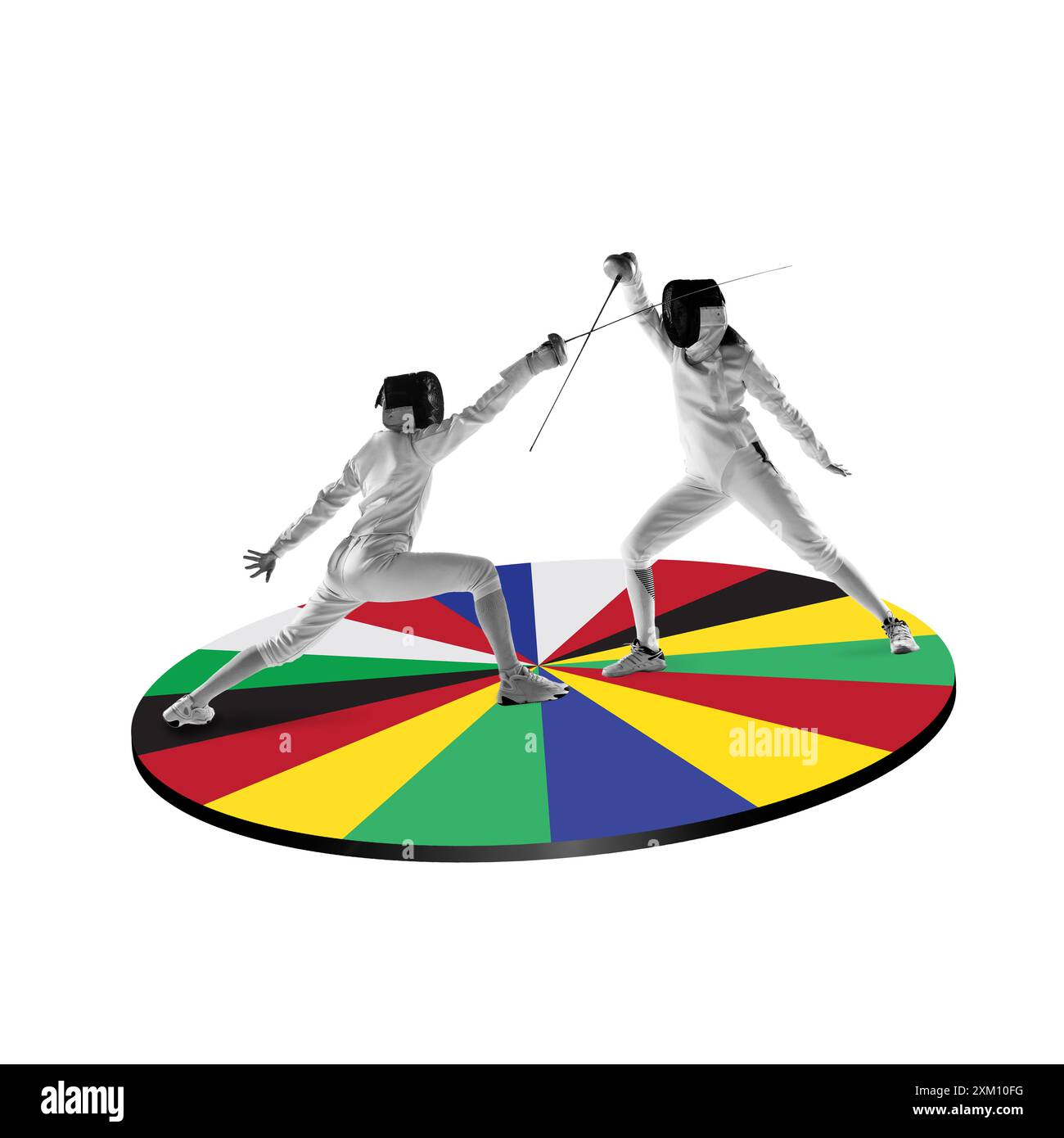 Zwei weibliche Fechtathleten in Uniform und Schutzmasken in Bewegung, die auf einer runden Plattform aus bunten Fahnen tanzen. Kreatives Design Stockfoto