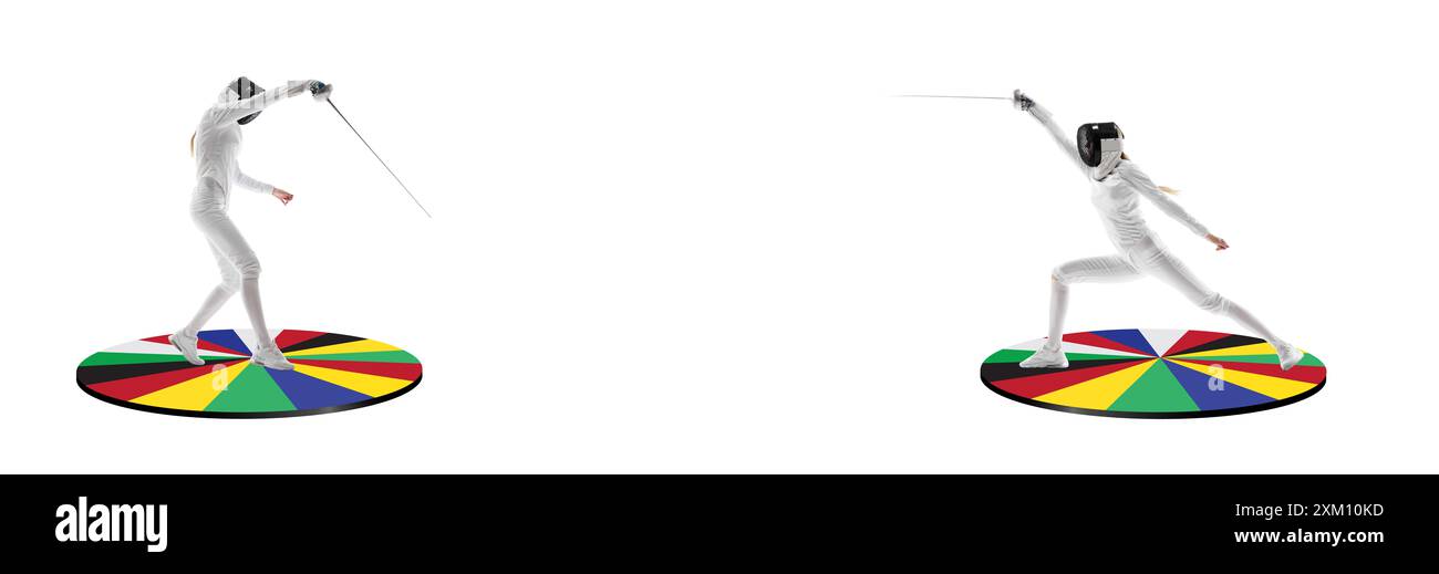 Konzentrierte und konzentrierte Frauen, Fechten von Athleten in Bewegung, Training auf abstrakten bunten Plattformen auf weißem Hintergrund. Kreatives Design. Kunstcollage. Stockfoto