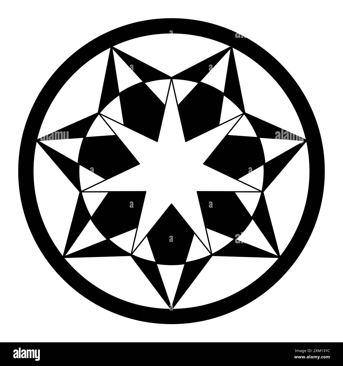 Kornkreismuster mit siebenzackigen Sternen, die in zwei Kreisen eingeschlossen sind. Mandala-ähnliche und Heptagrammstruktur, bestehend aus zahlreichen Dreiecken und Fünfecken. Stockfoto