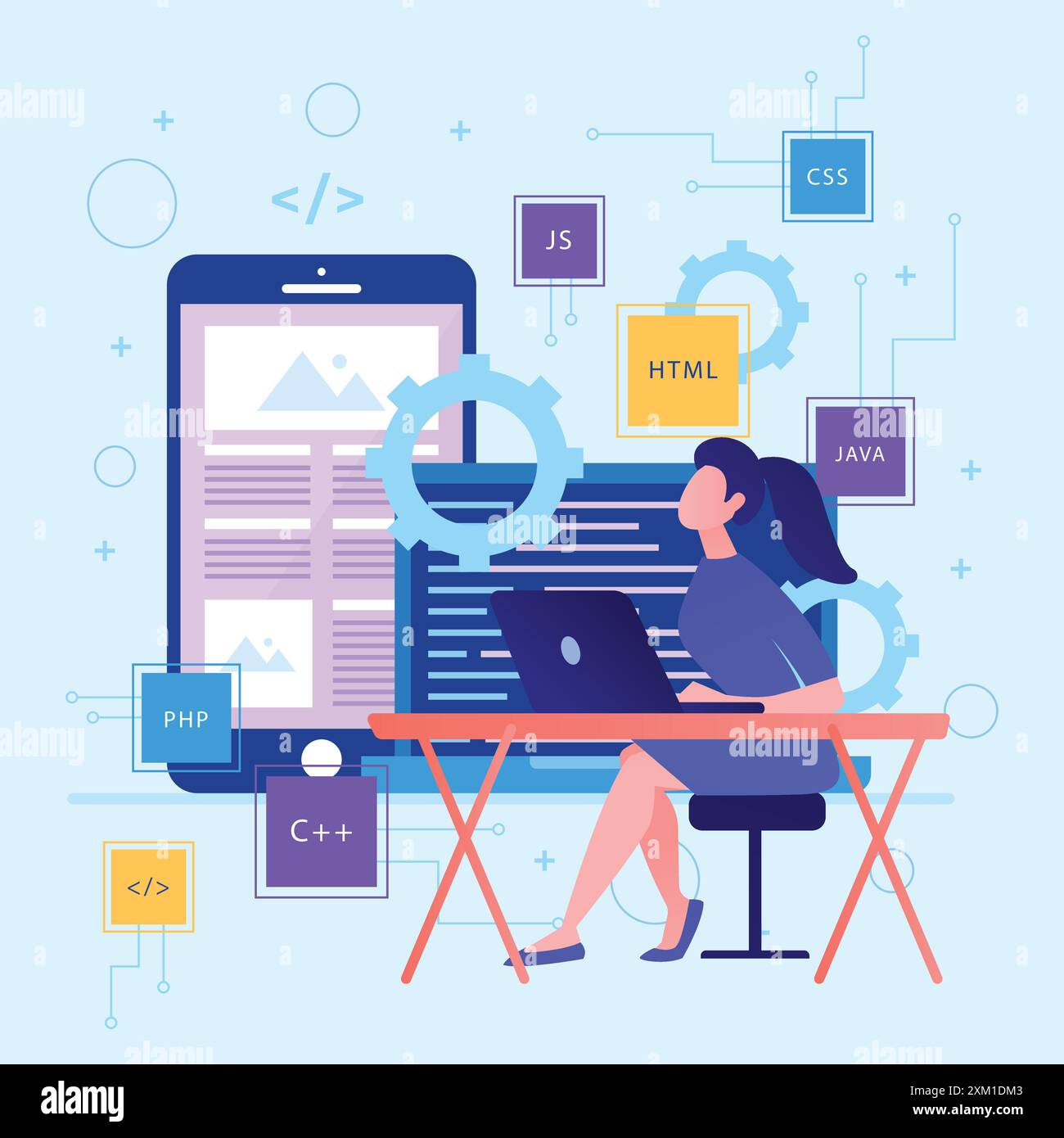 Flache Abbildung einer Webentwicklerin, die eine Programmiersprache für Code erstellt. Programmierung und technische Entwicklung. Stock Vektor