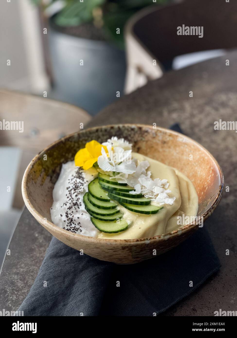 Banana Smoothie Schüssel mit Joghurt, Gurke, Kokosflocken und Chia, wunderschön dekoriert. Stockfoto